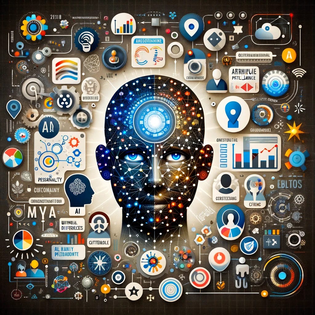 Design an image that more explicitly represents the integration of Artificial Intelligence (AI) with the elements of personality and organizational culture, emphasizing the unique contributions of diverse personalities and cultural backgrounds to a collaborative team environment. The visual should illustrate AI's role in analyzing and adapting to individual differences, promoting a positive and inclusive culture, and customizing interactions to enhance team dynamics. Include symbolic representations of different personality traits and cultural symbols, alongside AI elements like algorithms and data analytics, to show how this blend leads to a rich, dynamic, and innovative team setting.