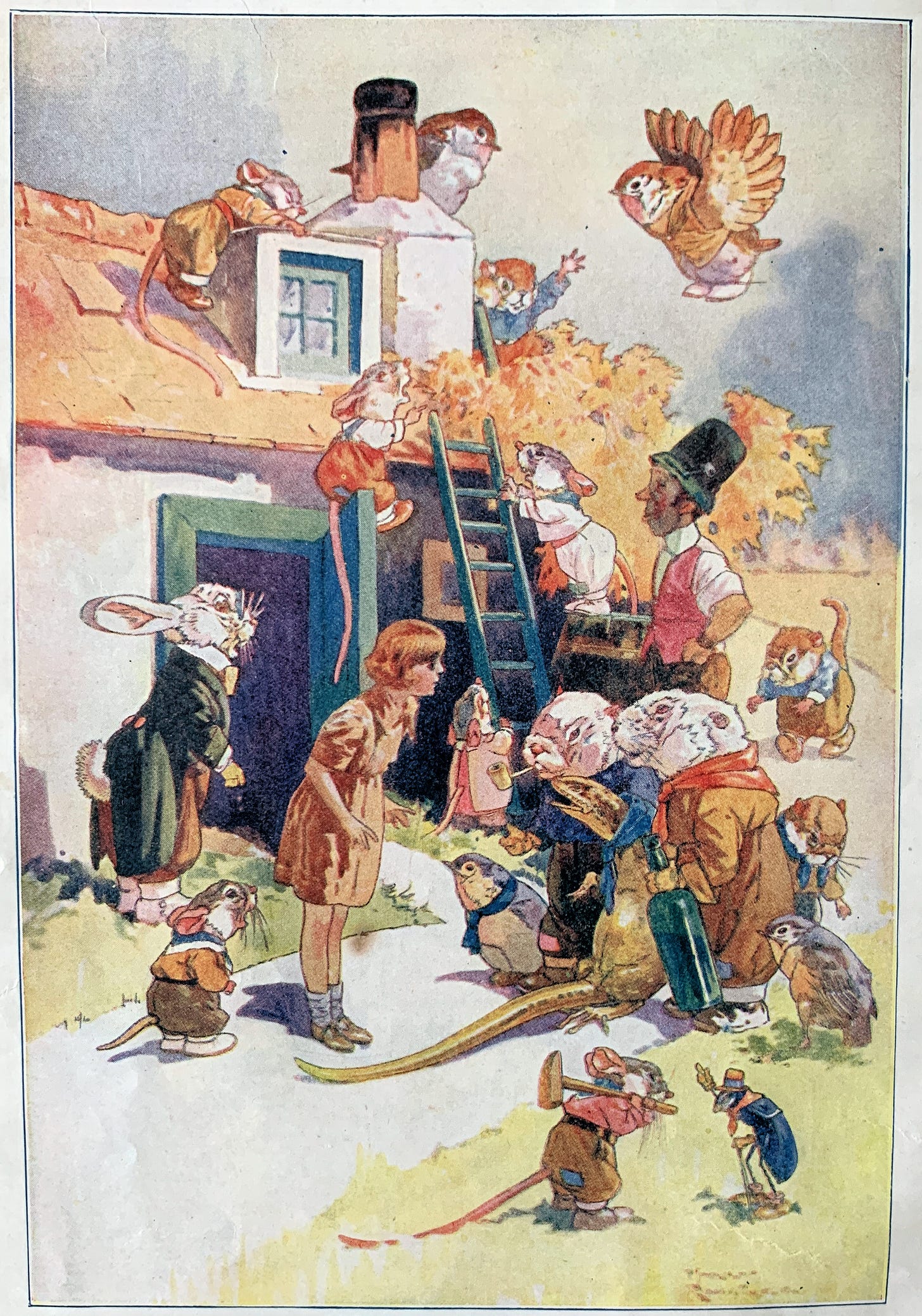 Image from Alice in Wonderland, Various Creatures Climbing a Ladder and Inspecing a Chimney Image from Alice in Wonderland, Various Creatures Climbing a Ladder and Inspecing a Chimney