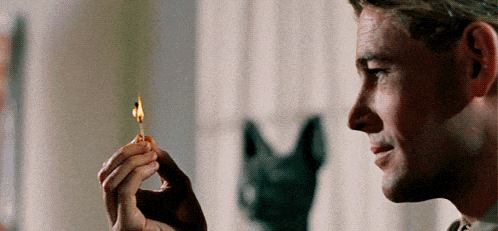 Animated GIF of Peter O'Toole in Lawrence of Arabia, blowing out a matchstick and cutting to an image of the desert at sunset.