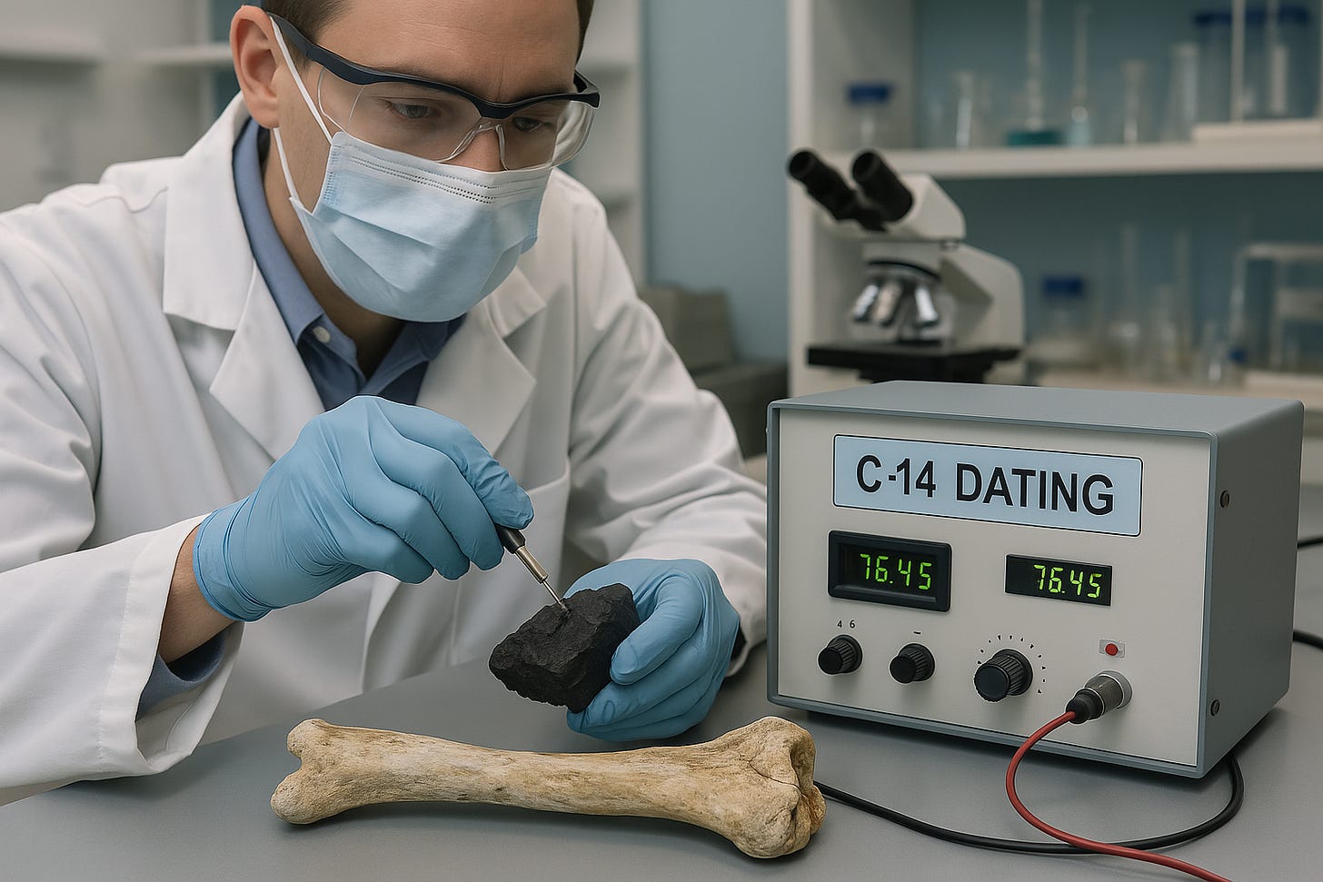 draw someone in a lab doing c14 dating of a chunk of coal with a dinosaur bone ready nearby to be dated next