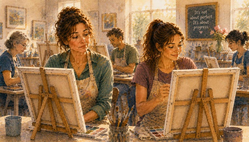 Mother and her teen daughter take a beginner painting class together, exploring creativity, learning, and personal growth. Mother and her teen daughter take a beginner painting class together, exploring creativity, learning, and personal growth.