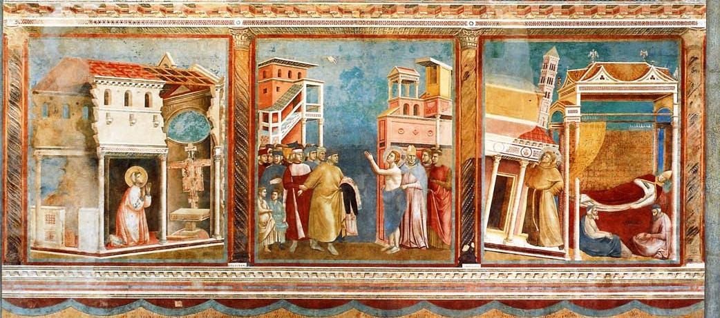 st.-francis-kneeling-before-the-cruifix-in-san-damiano,-st.-francis-renouncing-his-worldy-goods,-&-the-dream-of-pope-innocent-iii  | Caminoist
