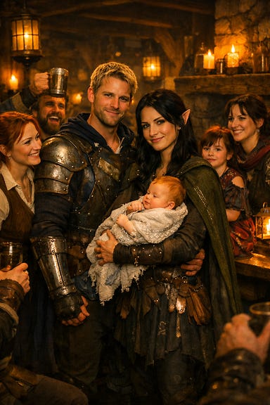 The adventuring party gathered at the Blood of the Vine tavern. At the center of the circle stand Ismark and Silverleaf. Ismark is a broad‑shouldered blond human man in worn navy‑and‑steel armor. Silverleaf is a dark‑haired elven woman with tapered ears, hazel‑green eyes, and a calm, luminous presence. She holds their half‑elf baby daughter Patrina wrapped in a silver‑embroidered blanket. Around them, the party forms a warm circle: Clarion with sleeves rolled up, Greegan raising a mug, Ireena smiling beside him, Arabelle perched on a stool, and Ezmerelda leaning near the hearth. The tavern glows with lantern light, woodsmoke, and joyful noise. The adventuring party gathered at the Blood of the Vine tavern. At the center of the circle stand Ismark and Silverleaf. Ismark is a broad‑shouldered blond human man in worn navy‑and‑steel armor. Silverleaf is a dark‑haired elven woman with tapered ears, hazel‑green eyes, and a calm, luminous presence. She holds their half‑elf baby daughter Patrina wrapped in a silver‑embroidered blanket. Around them, the party forms a warm circle: Clarion with sleeves rolled up, Greegan raising a mug, Ireena smiling beside him, Arabelle perched on a stool, and Ezmerelda leaning near the hearth. The tavern glows with lantern light, woodsmoke, and joyful noise.