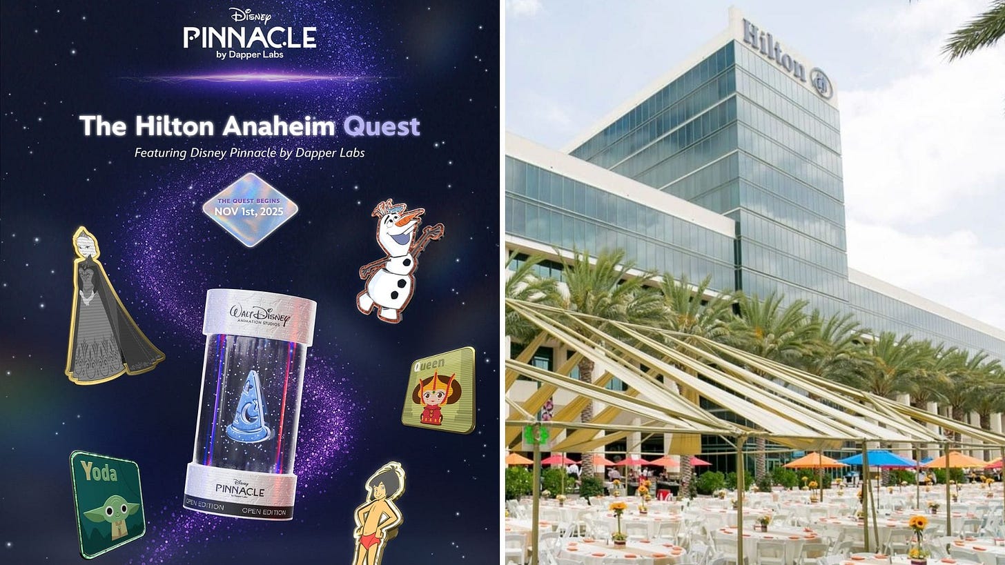 A Disney Pinnacle event poster with character pins, Hilton Anaheim, and scavenger hunt hints—no park castle imagery present. A Disney Pinnacle event poster with character pins, Hilton Anaheim, and scavenger hunt hints—no park castle imagery present.
