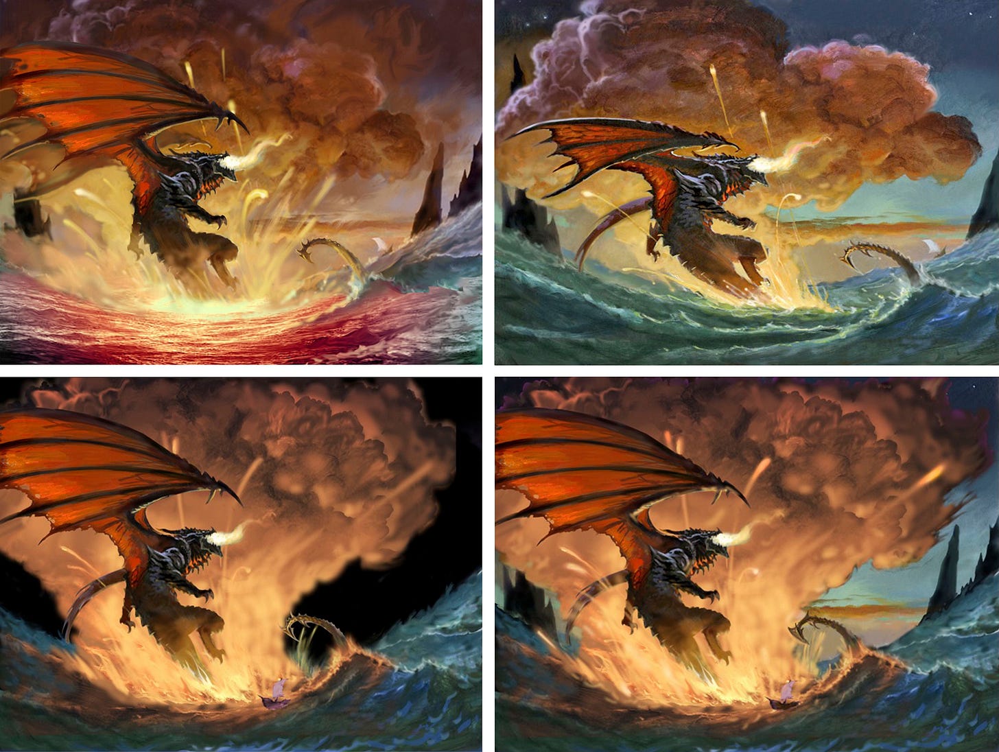 Two rows each containing two detailed color studies for DEATHWING in the final pose.