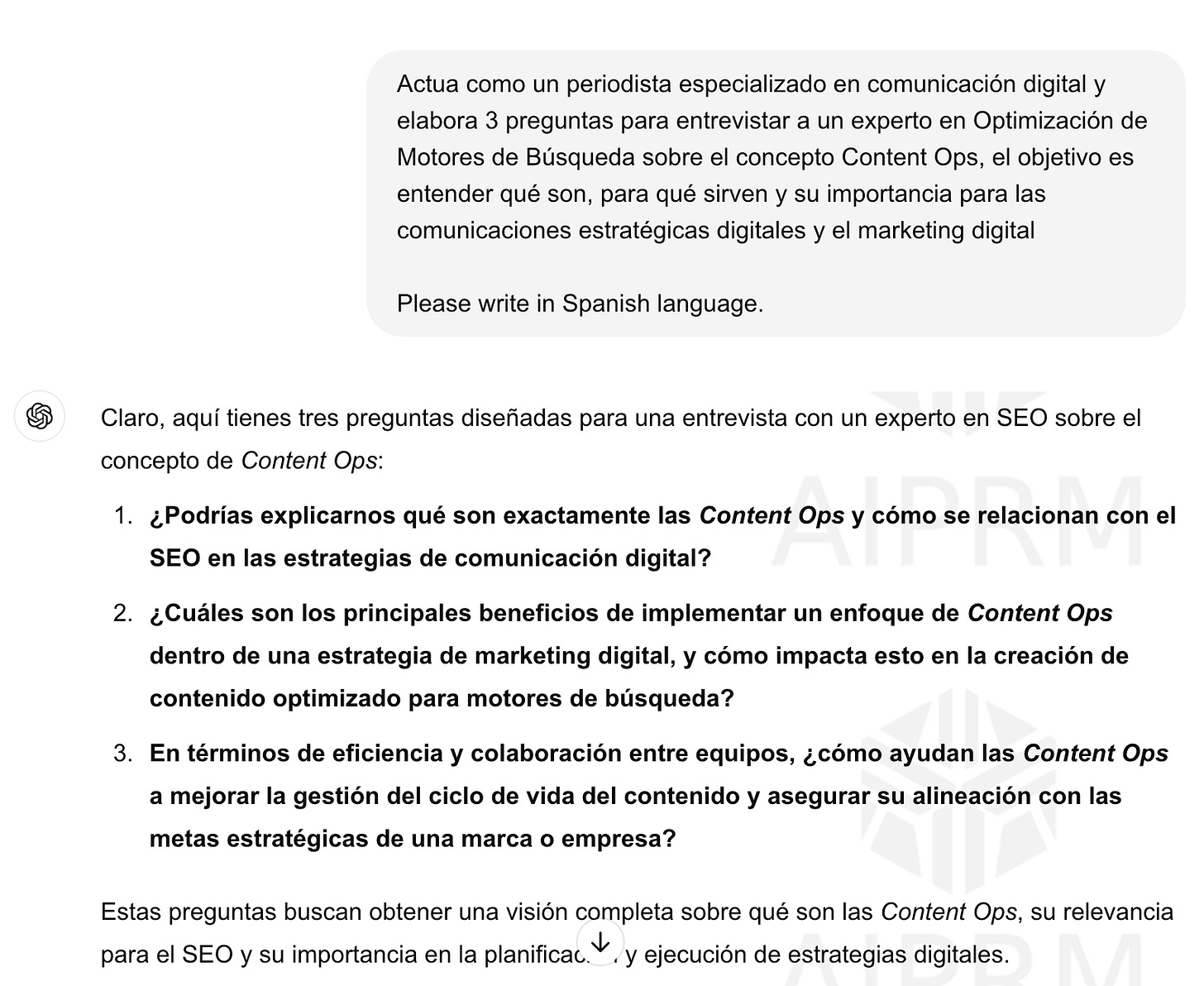 Captura de pantalla del chat en chatGPT donde le pido que me ayude a redactar las preguntas para entrevistar a un experto en SEO sobre qué son las content Ops.