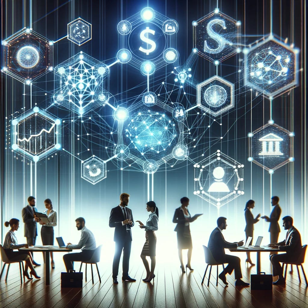 Illustration of a mid-air holographic neo4j graph in a contemporary office ambiance. Nodes represent innovative financial concepts, interconnected by luminous beams. Various analysts, both male and female, analyze and converse about the graph.