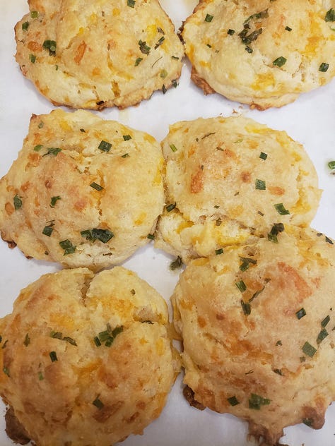 Yeast rolls; Cheddar Biscuits w/parsley and chives; Peach Cobbler