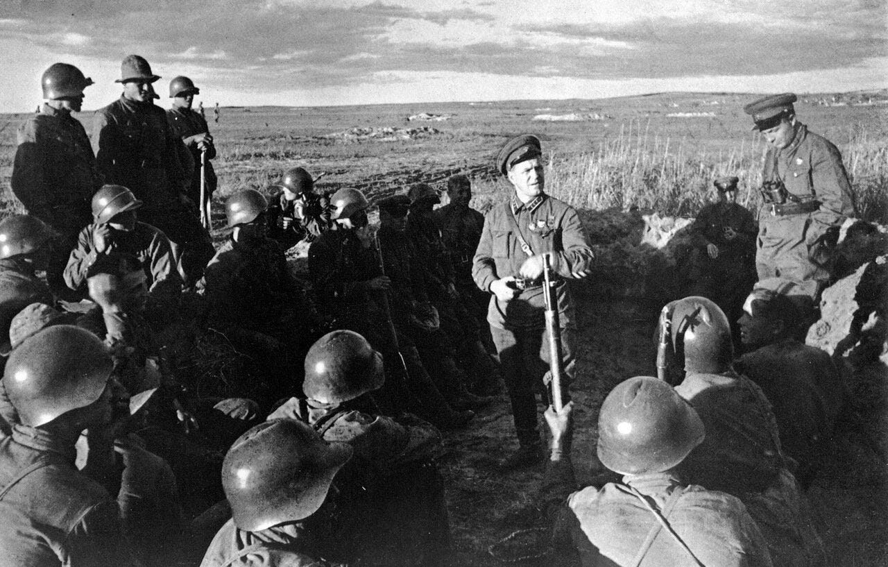 Gen. Georgi Zhukov speaks to soldiers at Khalkhin Gol, Mongolia in 1939 Gen. Georgi Zhukov speaks to soldiers at Khalkhin Gol, Mongolia in 1939
