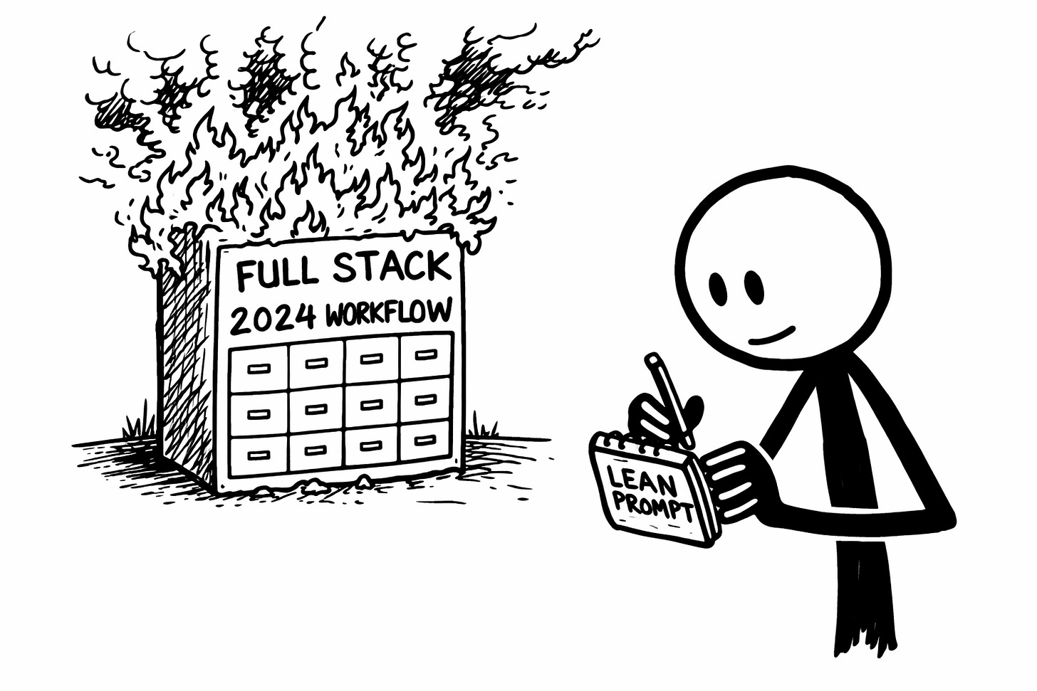 Stick-figure creator calmly writes in a small notebook labeled "Lean Prompt" while a massive filing cabinet labeled "Full Stack 2024 Workflow" burns behind them, illustrating how lean AI prompts survive model updates while elaborate workflows break with every Claude release.
