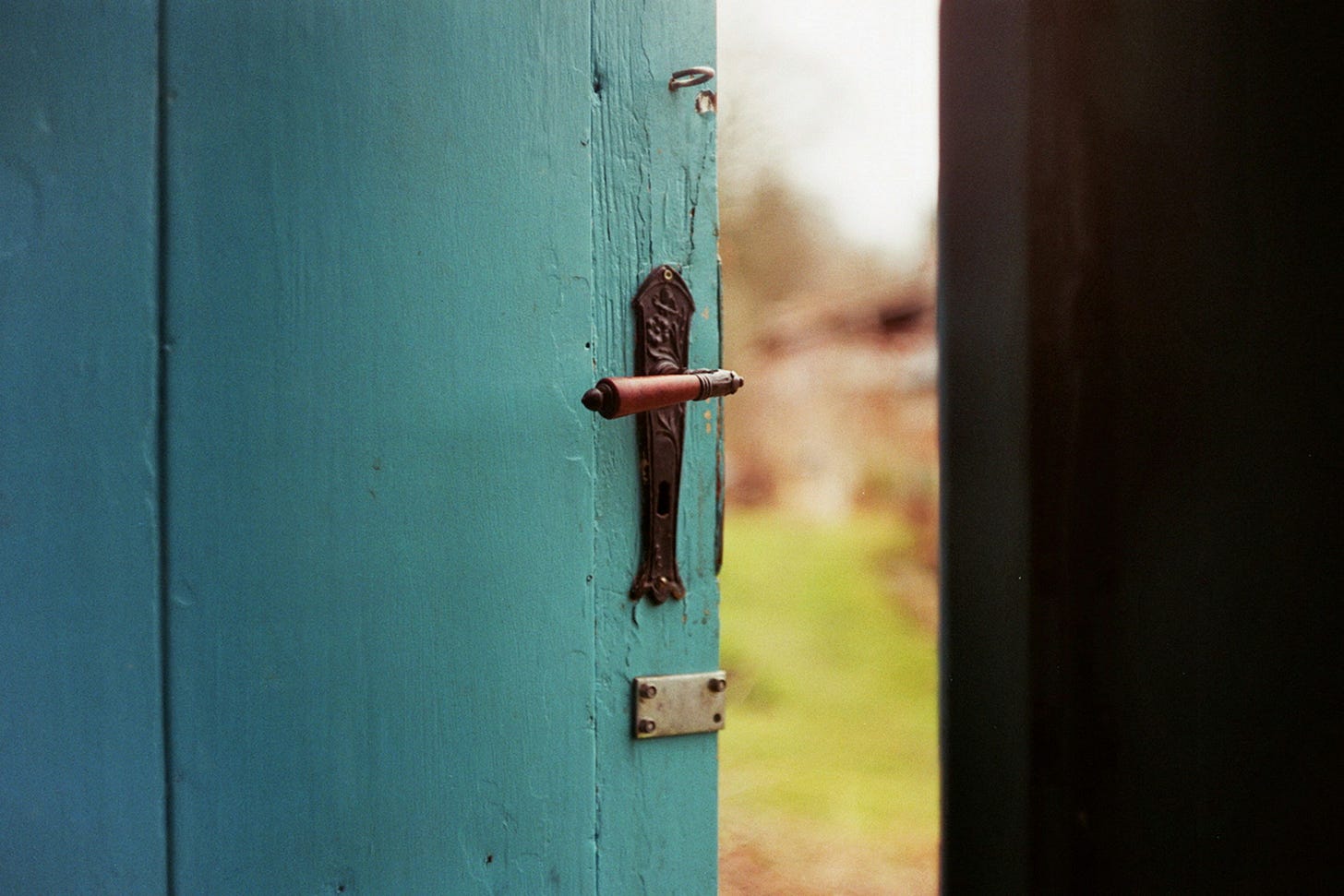 Blue wooden door open with a green field visible through the crack.