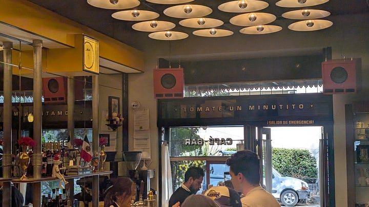 Interior and cortado from El Minutito Cafe.