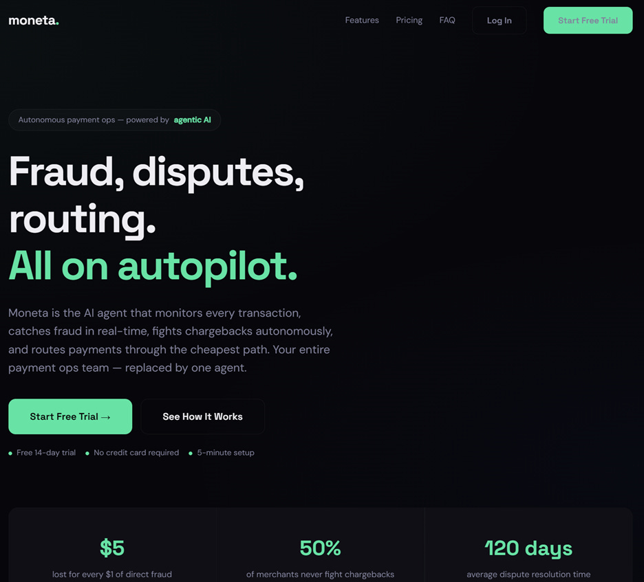Moneta is an autonomous payment operations platform that detects fraud, disputes chargebacks, and routes payments efficiently.

AI-generated content may be incorrect.