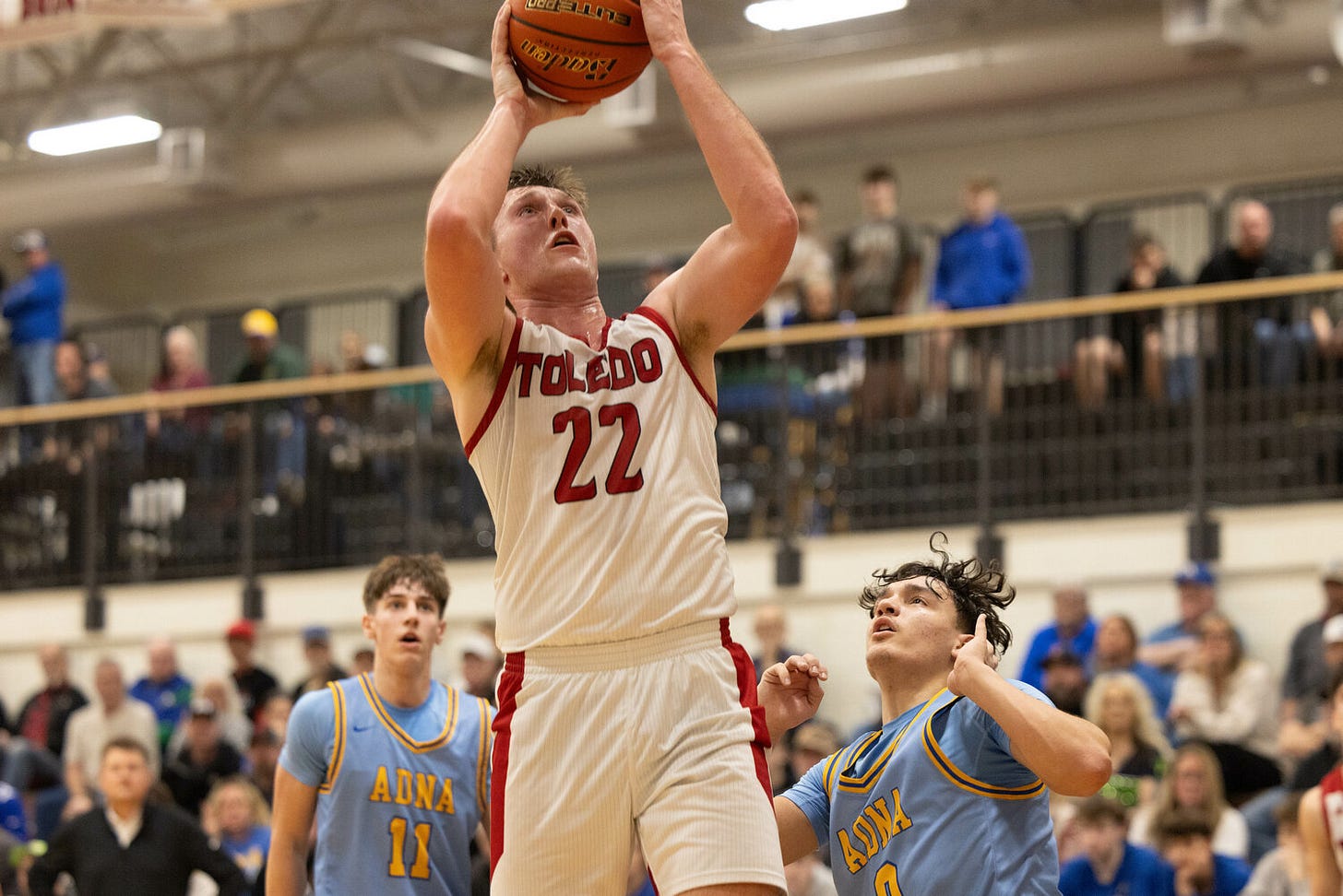 Toledo's Cooper Fallon shoots an open layup during Toledo's loss to Adna on Jan. 17.