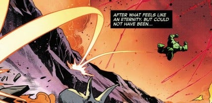 Comic panel showing the Hulk leaping across a devastated landscape shortly after the Chicxulub asteroid impact. Fiery debris streaks across an orange-red sky while ejecta slams into the ground around him. A caption notes that what felt like an eternity may not have been long at all as the Hulk flees the global catastrophe unfolding across Earth.