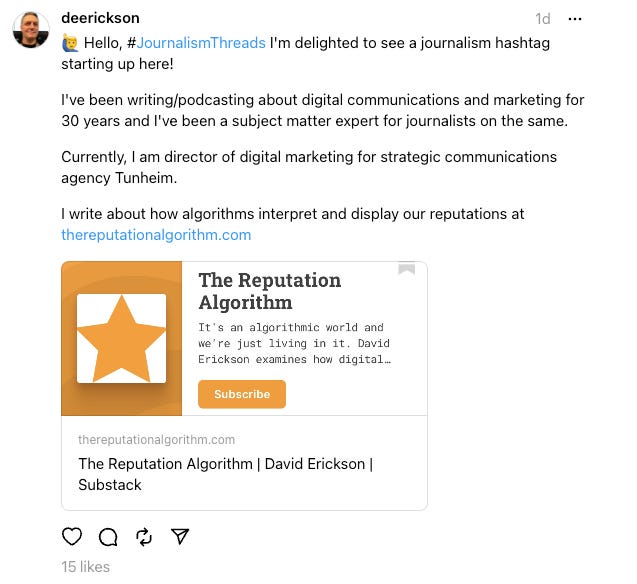 Screenshot of Hello JournalismThreads post example
