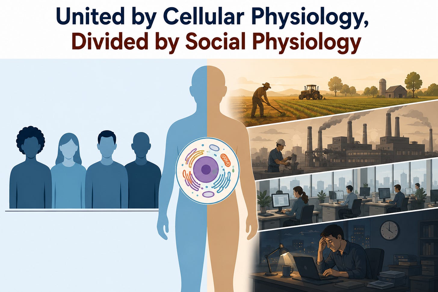 United by Cellular Physiology Divided by Social Physiology dual image split down the middle.