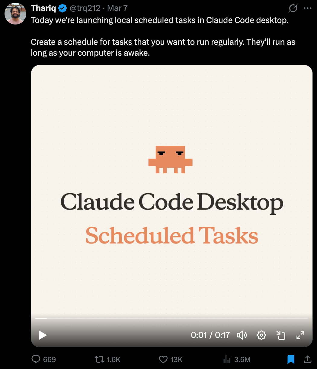 A tweet by Thariq Anthropic team announcing Claude Code Desktop Scheduled Tasks