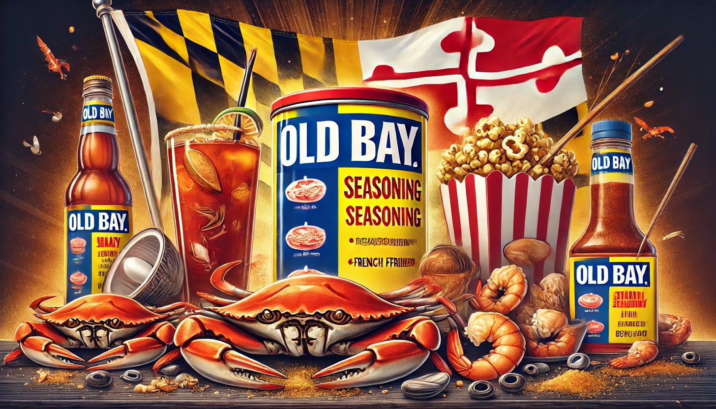 A vibrant and eye-catching banner image featuring a can of Old Bay seasoning surrounded by steamed blue crabs, shrimp, French fries, popcorn, and a Bloody Mary cocktail. The background showcases a Maryland flag motif, emphasizing the state's pride in this famous seasoning. The image should have warm, inviting tones that highlight the rich, spicy, and savory flavors of Old Bay.