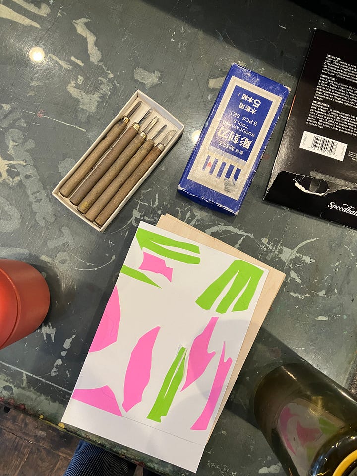 first image shows my green and pink abstract collage along with my tools, then next one a very faint first proof