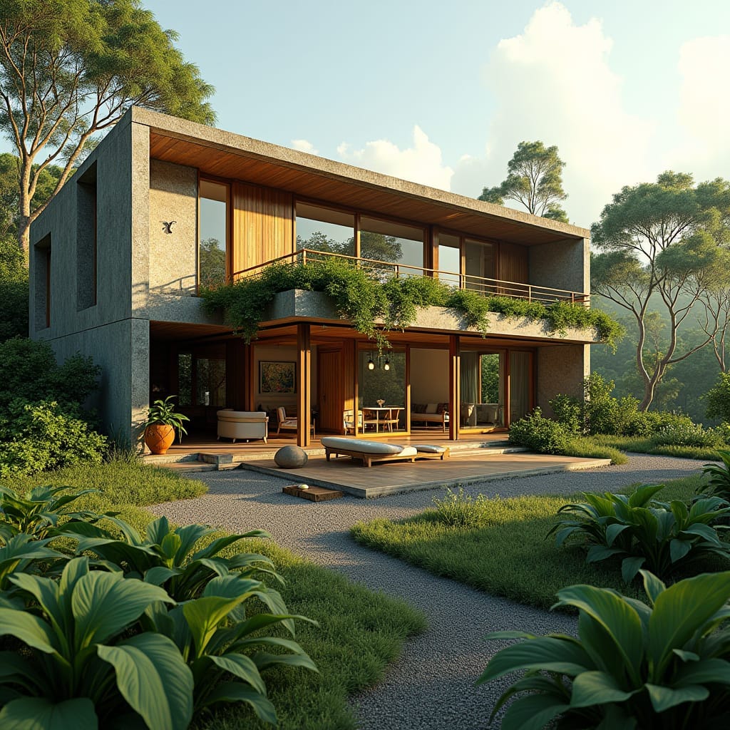 An eco-friendly home nestled in the vibrant city of Kingston, Jamaica, designed with sustainability and modern living in mind. The home features solar panels on the roof, energy-efficient windows, and natural ventilation systems. The exterior blends natural materials like reclaimed wood and stone with sleek contemporary elements. Surrounding the home is a lush garden with native plants and a rainwater harvesting system, creating a serene green space in the middle of the urban landscape. Inside, open-plan living spaces are filled with natural light, with minimalist decor that complements the eco-conscious design. Sustainable architecture, urban oasis, green living.