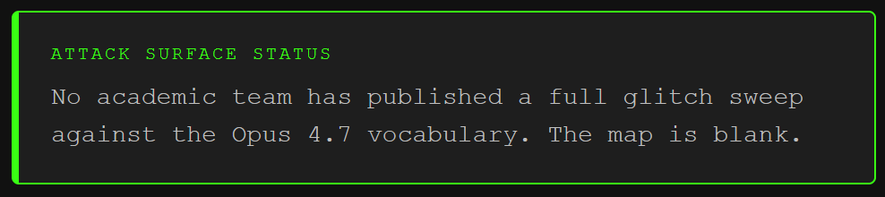 Three Threats: Comparison: Token-level AI security threat diagram comparing tokenization-mismatch filter bypass, special token smuggling, and classifier desync across Opus 4.7's new tokenization surface.