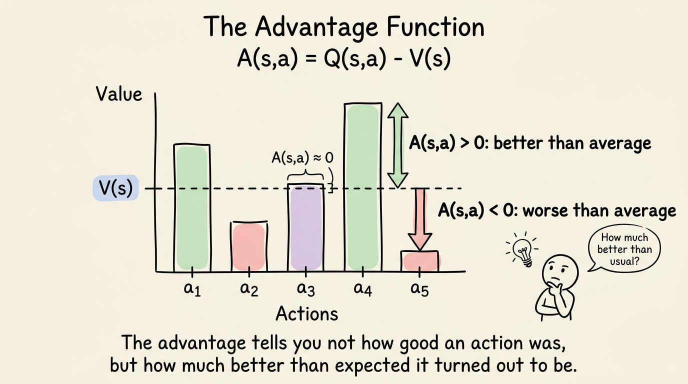 A diagram showing Q(s,a) for several actions as bars, V(s) as a horizontal line at their average, and the advantage as the signed gap between each bar and the line A diagram showing Q(s,a) for several actions as bars, V(s) as a horizontal line at their average, and the advantage as the signed gap between each bar and the line