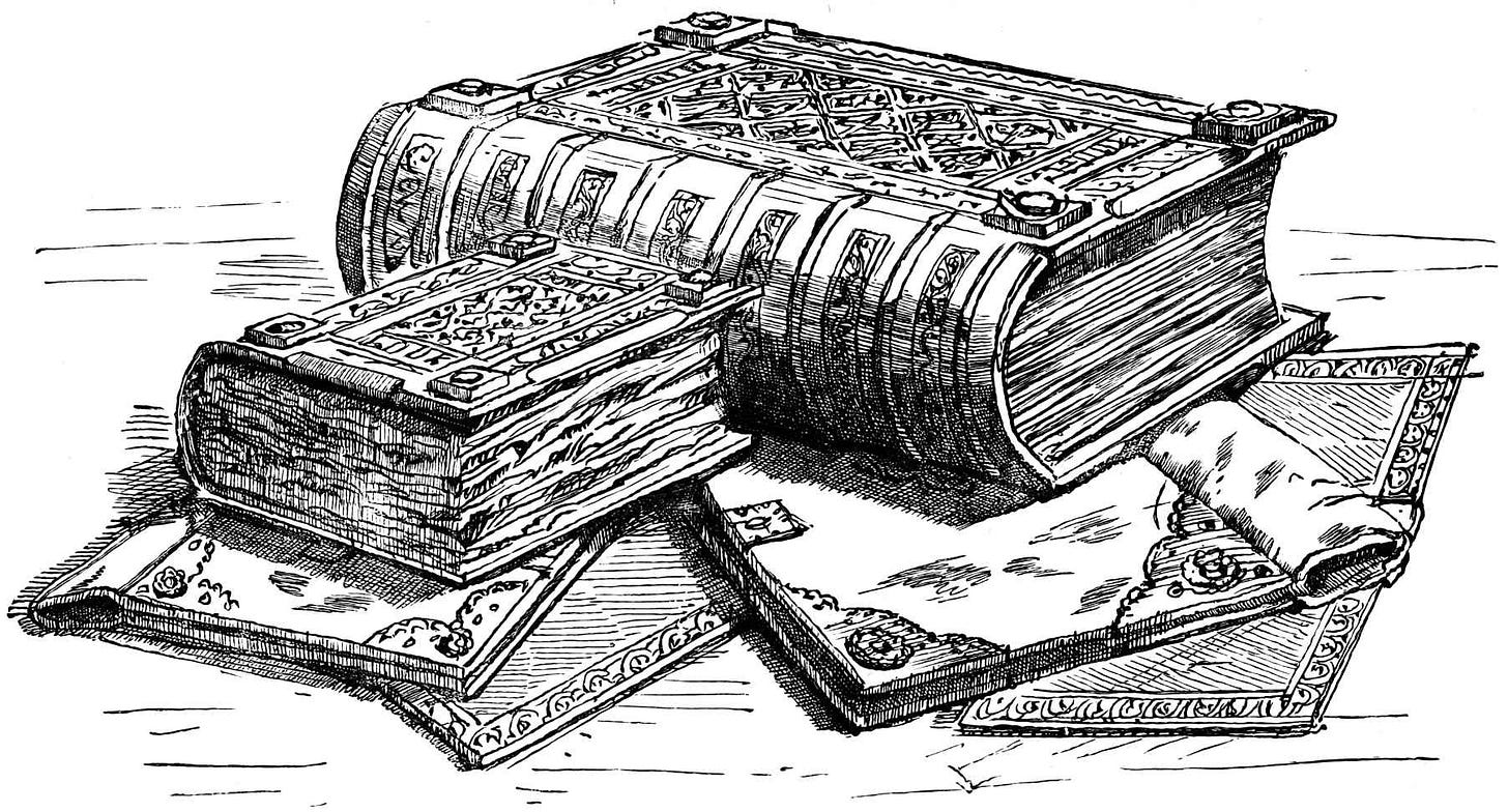 A black and white hand drawn picture of a large grimoire A black and white hand drawn picture of a large grimoire