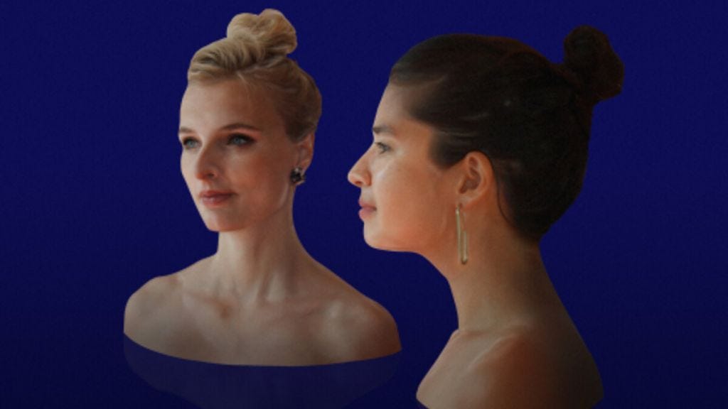 artwork van Naakt op een kleedje. Je ziet een foto van de hosts (Hiske is wit en blond, Yuki heeft een licht getinte huid en zwarte haren) die zijn uitgesneden alsof het bustes zijn.