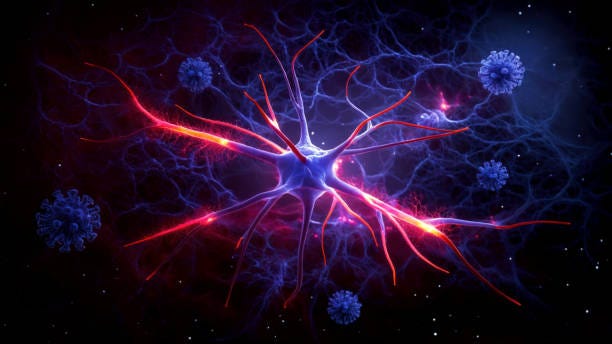 Neuron and virus cells Neuron and virus cells - 3d rendered image of Neuron cell network attacked by virus on black background. Interconnected neurons cells with electrical pulses. Conceptual medical image.  Glowing synapse.  Healthcare, disease concept. Neuroscience and artificial intelligence (AI stock pictures, royalty-free photos & images