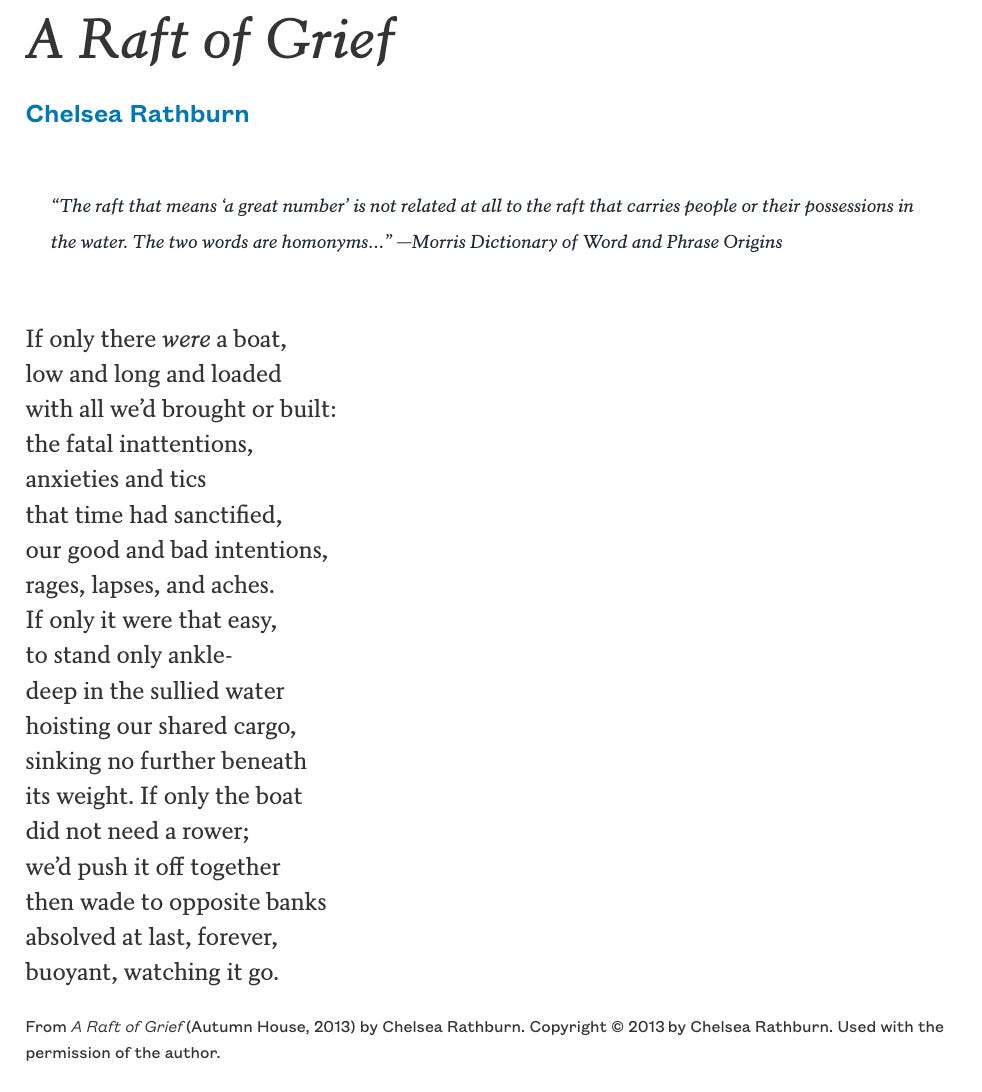 a screenshot of the poem A Raft of Grief by Chelsea Rathburn