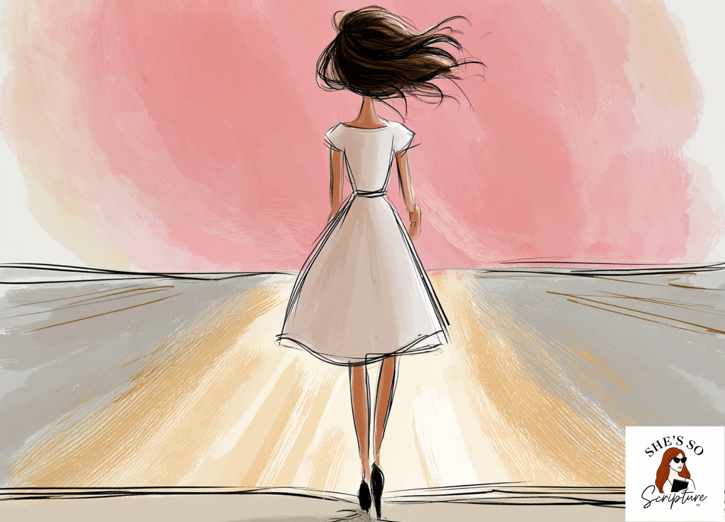 Illustrated woman standing at the edge of a long sunlit path stretching into the horizon, in a dreamy blush and cream watercolor style with gold light, symbolizing the ongoing journey of salvation.