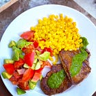 Steak with Chimichurri, Buttered Corn, & Tomato/Avocado Salad