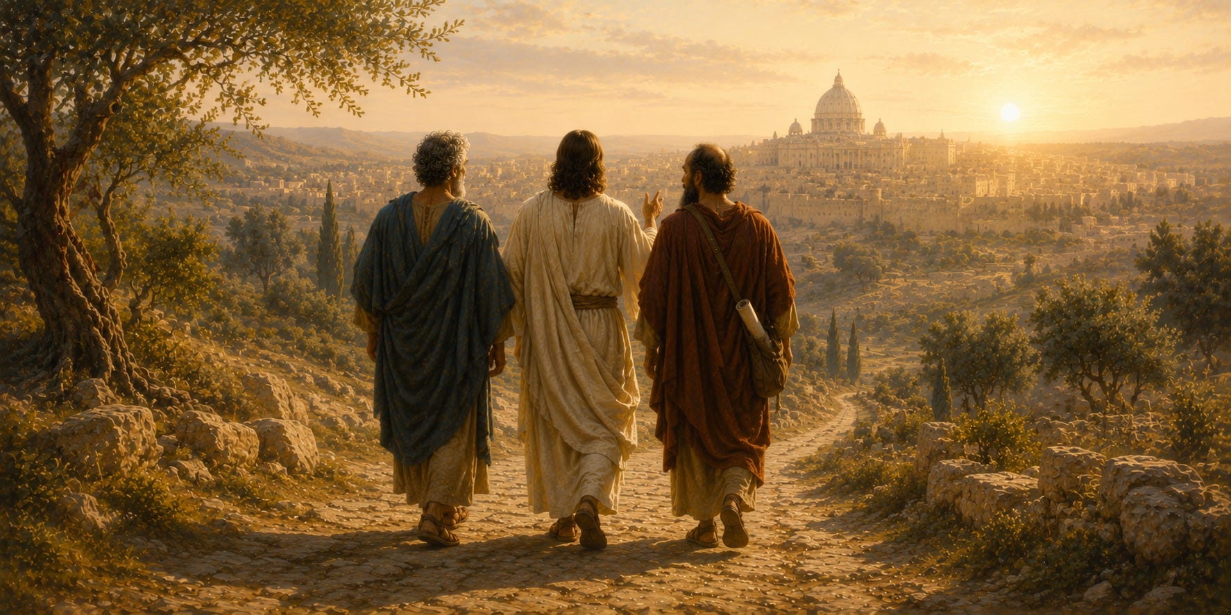 Jesus walks with Saints Peter and Paul along a road toward a distant city with St. Peter's Basilica on the horizon. Jesus walks with Saints Peter and Paul along a road toward a distant city with St. Peter's Basilica on the horizon.