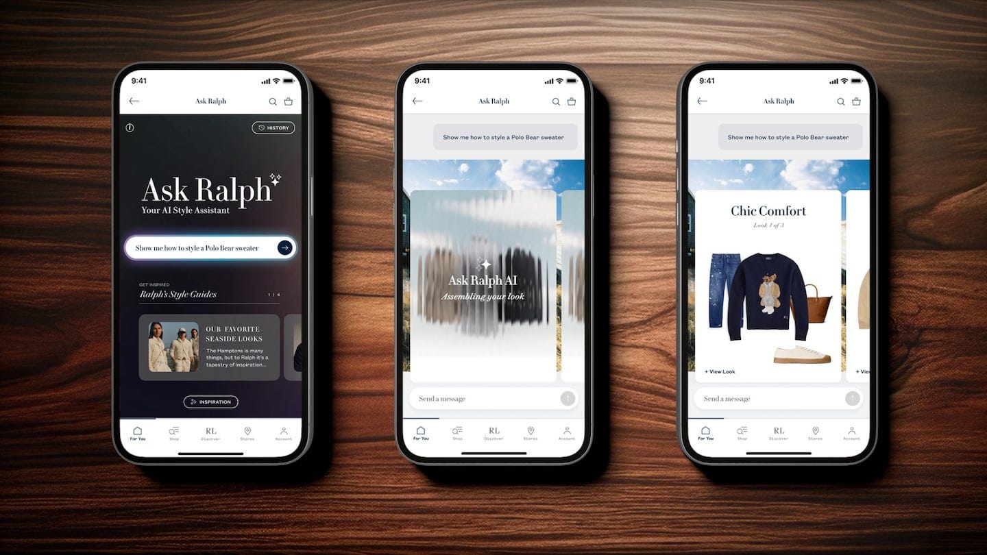 Three iPhones laid out on a desk show different frames of the "Ask Ralph" experience in the Ralph Lauren app.