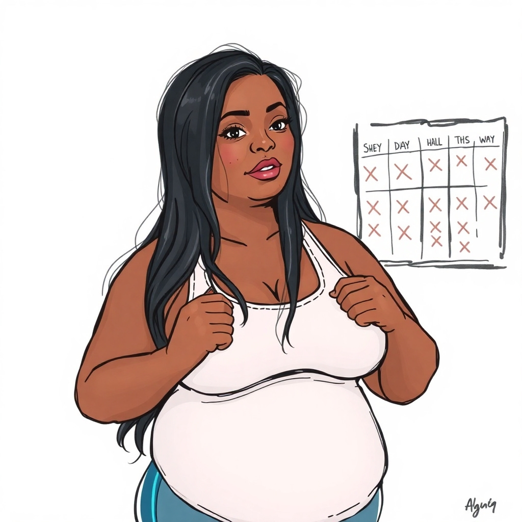 woman in gym clothes in front of a calendar