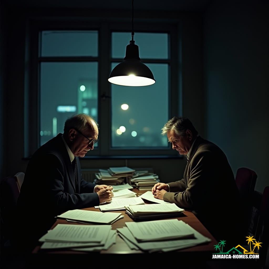  Cinematic film still of a dimly lit, cramped room filled with paperwork and legal documents. A middle-aged British immigrant couple, looking concerned and anxious, sort through stacks of official forms under the stark glow of a single overhead lamp. Outside the window, blurred city lights and a hint of smog suggest a changing urban landscape. Shot on v-raptor XL film stock, featuring prominent film grain, a subtle vignette, and dramatic, atmospheric cinematic lighting. Color graded with a desaturated, cool palette, emphasizing the tension and uncertainty of the moment. Photorealistic, 35mm film aesthetic, live-action, high quality, masterpiece, epic, stunning, dramatic.