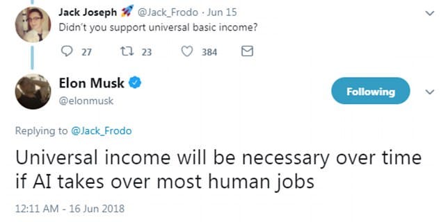 Musk stated clearly as early as 2018: "If artificial intelligence takes over most human jobs, Universal Basic Income UBI will become necessary." Musk stated clearly as early as 2018: "If artificial intelligence takes over most human jobs, Universal Basic Income UBI will become necessary."