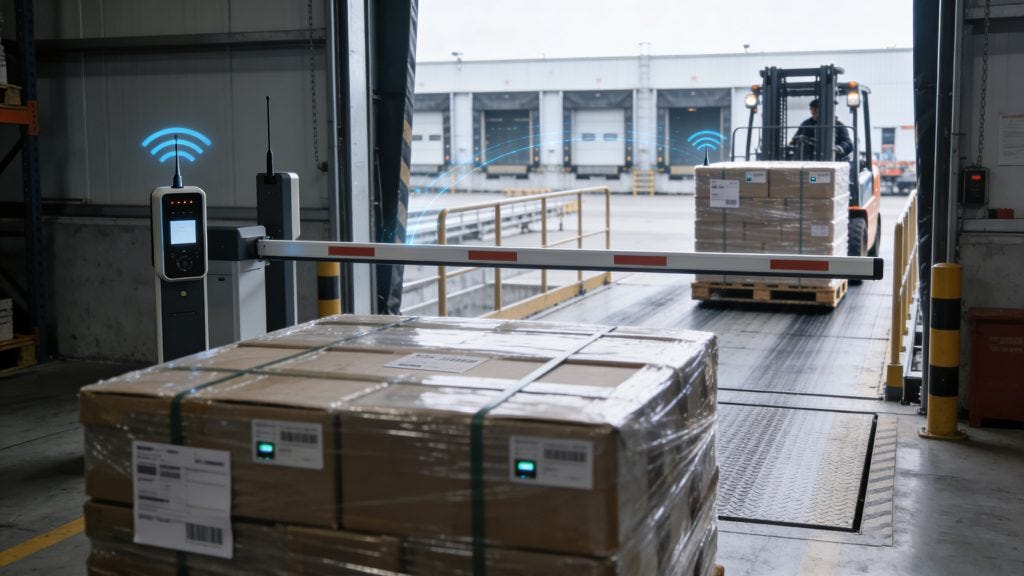 Fixed RFID reader gate scanning tagged pallets at warehouse dock