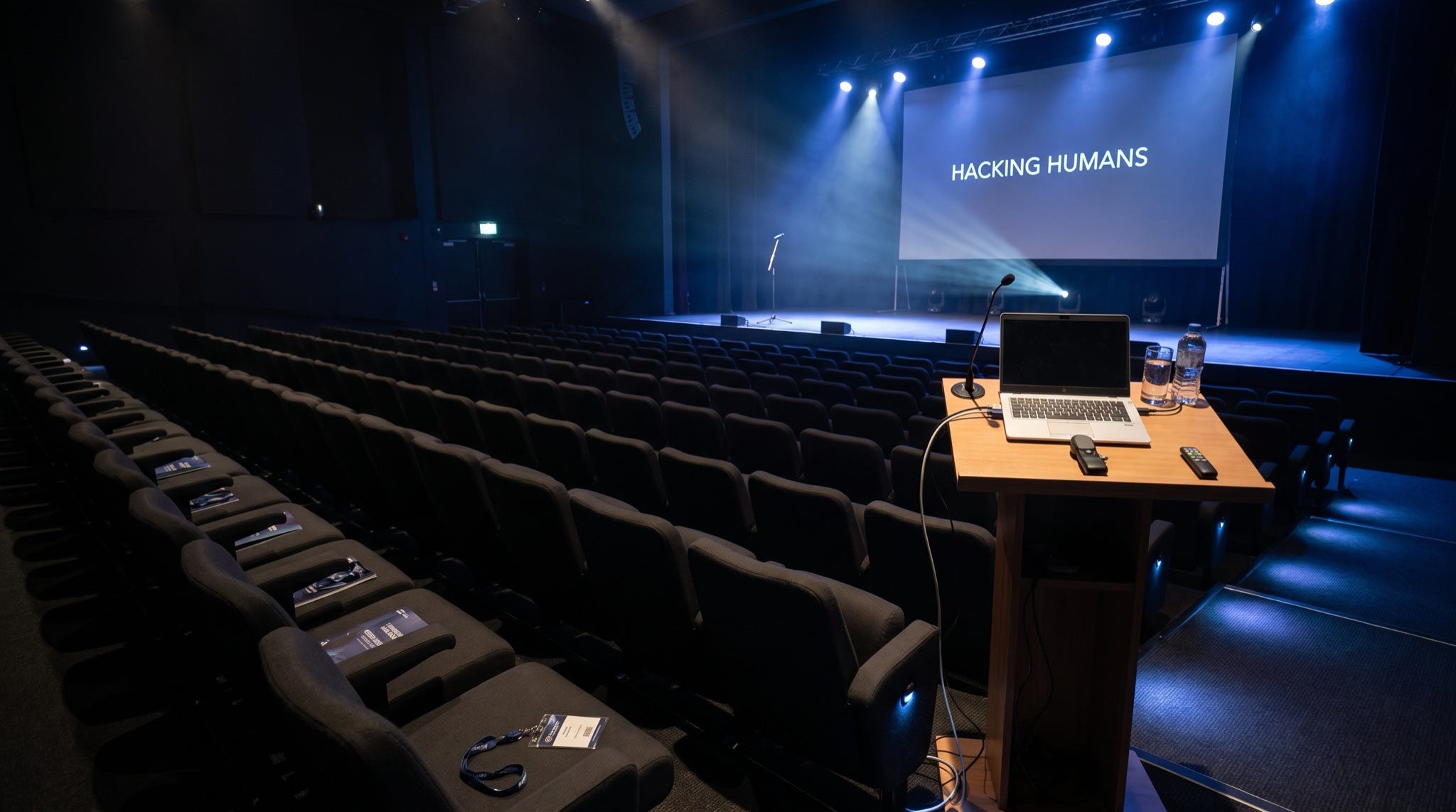 An empty conference auditorium with the stage lit and prepared, a title slide showing, nobody present An empty conference auditorium with the stage lit and prepared, a title slide showing, nobody present