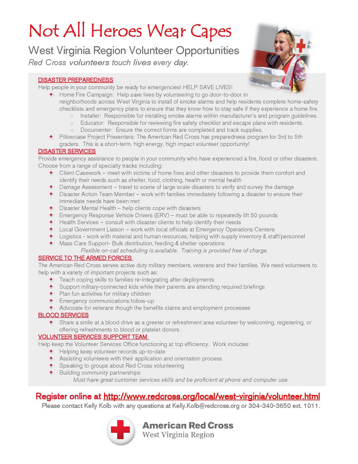 American Red Cross West Virginia Region volunteer opportunities in disaster preparedness, emergency services, and community support