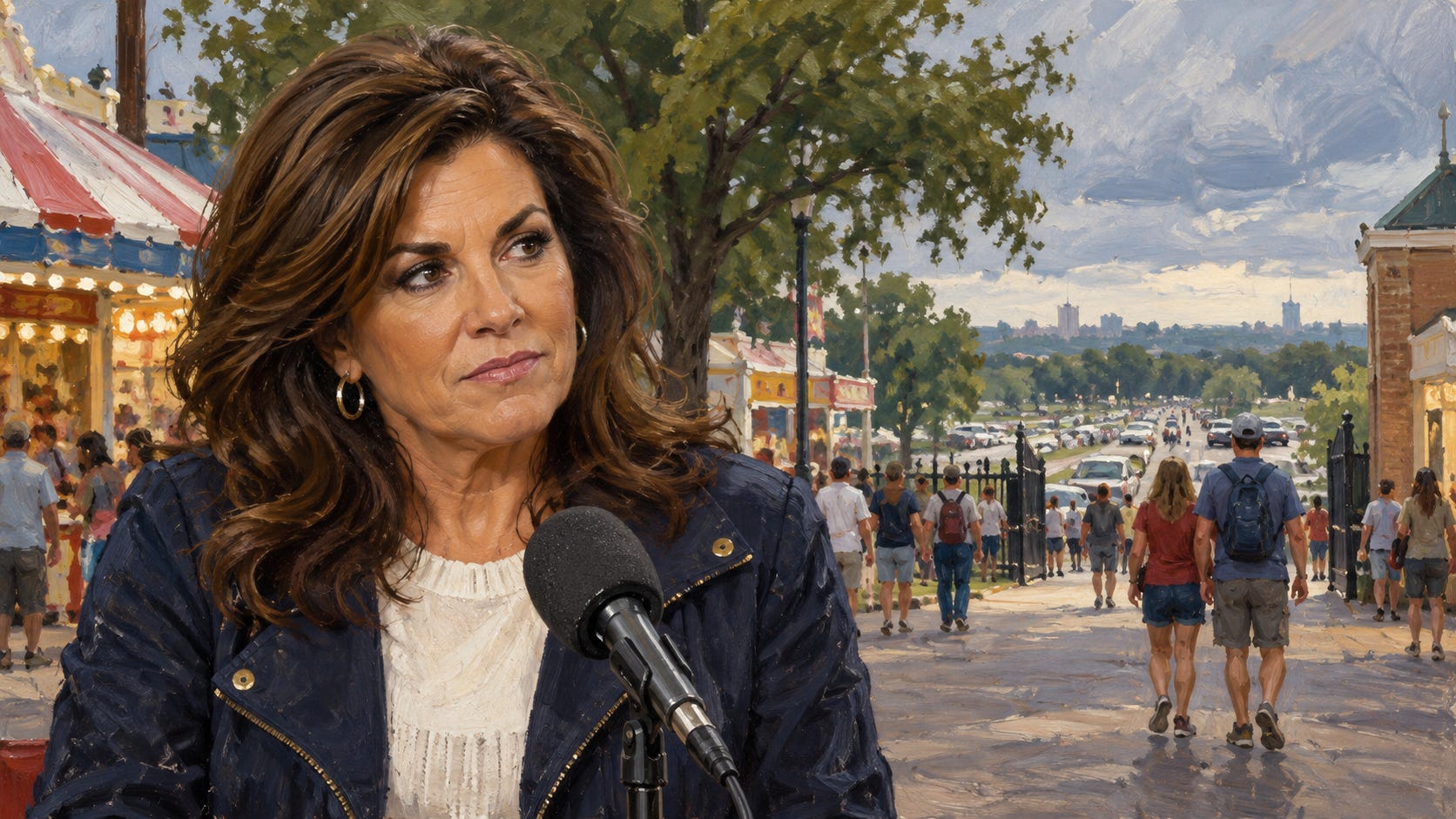 Painted illustration of Michele Tafoya speaking into a microphone at the Minnesota State Fair as visitors walk away in the background. Painted illustration of Michele Tafoya speaking into a microphone at the Minnesota State Fair as visitors walk away in the background.