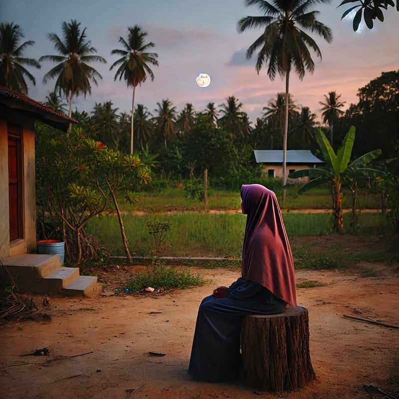 A young muslim woman sits on a tree stump in the front yard of a home in Eastern Sri Lanka and watches the full moon on the horizon. A young muslim woman sits on a tree stump in the front yard of a home in Eastern Sri Lanka and watches the full moon on the horizon.