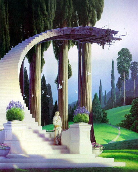 At the bottom of a winding staircase in a pastoral setting, a man with long blonde hair stands with hand over heart. As the stairs ascend and curve to the right, they intersect three tall trees. At the end of the arc, the clean white stone becomes rougher, falls in purple tinted shadow, and is complicated with dangling ropes, boards, rails, and rebar. At the bottom of a winding staircase in a pastoral setting, a man with long blonde hair stands with hand over heart. As the stairs ascend and curve to the right, they intersect three tall trees. At the end of the arc, the clean white stone becomes rougher, falls in purple tinted shadow, and is complicated with dangling ropes, boards, rails, and rebar.