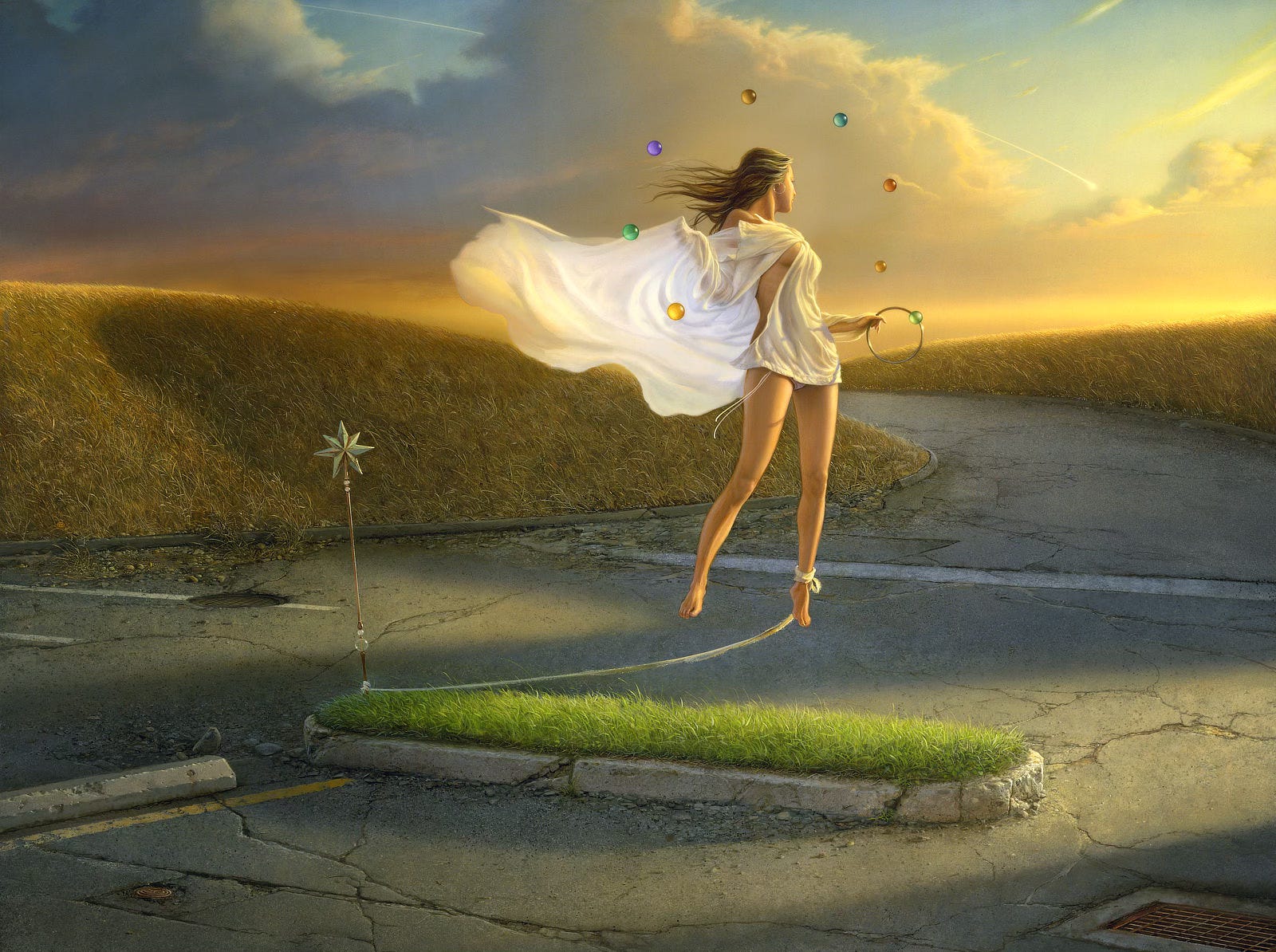 Surrounded by a circle of colorful glass orbs, a woman levitates above a grassy island oasis in a parking lot of cracked asphalt. A shooting star arcs down overhead across sky filled with billowing clouds. Rolling her shoulder, she turns towards its trajectory across fields of wheat and a horizon painted with golden light but she can't reach there while tethered to the island by a long strip of cloth tied around her ankle. The lead restraining her is knotted low on an ornamental staff staked at the edge of the grass. In her left hand she holds a metal loop that seems to have captured a green glass orb from the floating circle. Her right arm can be seen only in contour behind the flow of white fabric flapping in the breeze. The front edge of the cloth draping her covers only down to her hip. A slit in the side exposes skin from her waist up to her chest. Her legs and one shoulder remain bare. Surrounded by a circle of colorful glass orbs, a woman levitates above a grassy island oasis in a parking lot of cracked asphalt. A shooting star arcs down overhead across sky filled with billowing clouds. Rolling her shoulder, she turns towards its trajectory across fields of wheat and a horizon painted with golden light but she can't reach there while tethered to the island by a long strip of cloth tied around her ankle. The lead restraining her is knotted low on an ornamental staff staked at the edge of the grass. In her left hand she holds a metal loop that seems to have captured a green glass orb from the floating circle. Her right arm can be seen only in contour behind the flow of white fabric flapping in the breeze. The front edge of the cloth draping her covers only down to her hip. A slit in the side exposes skin from her waist up to her chest. Her legs and one shoulder remain bare.
