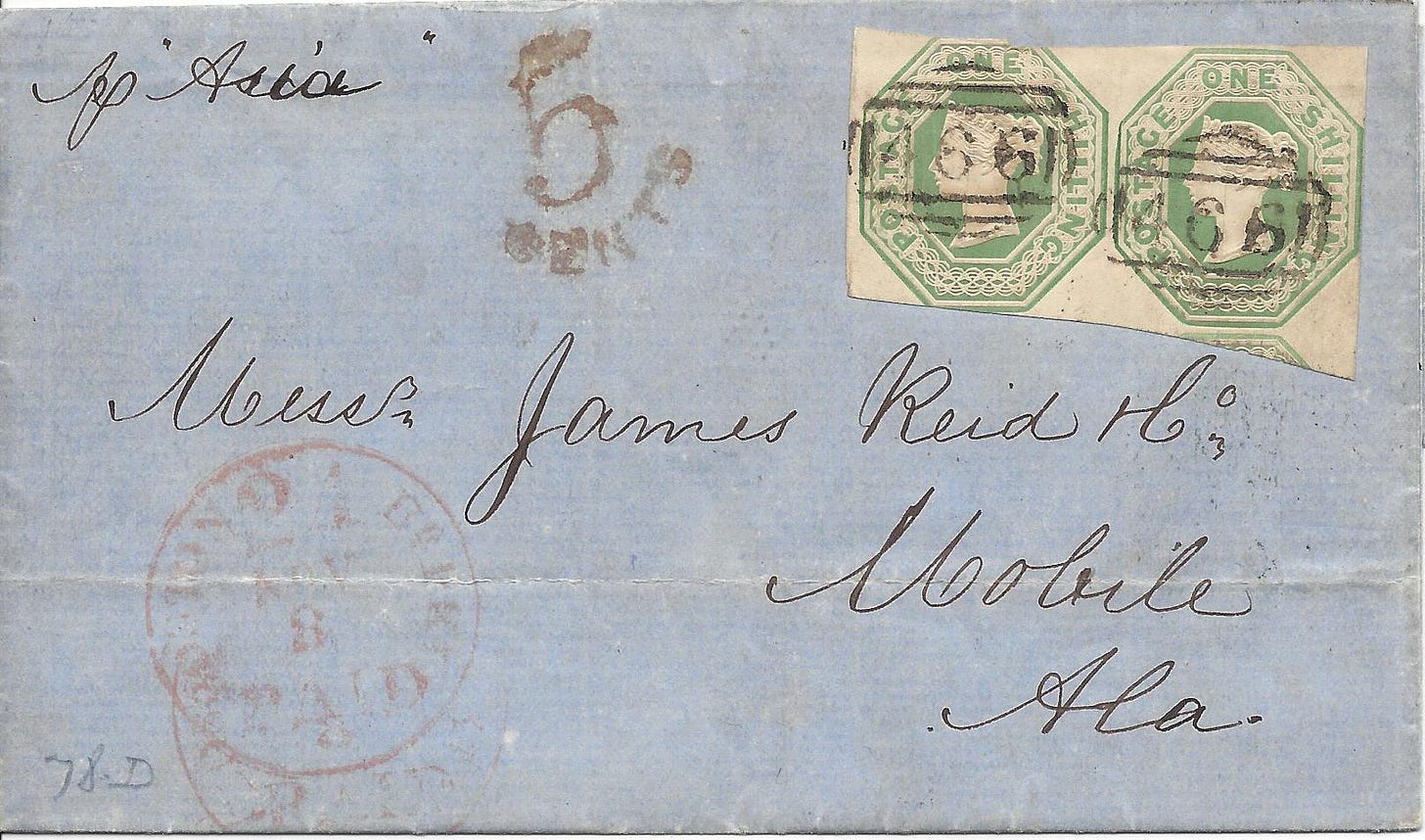 1855 folded letter sent from Liverpool, UK to Mobile, Alabama