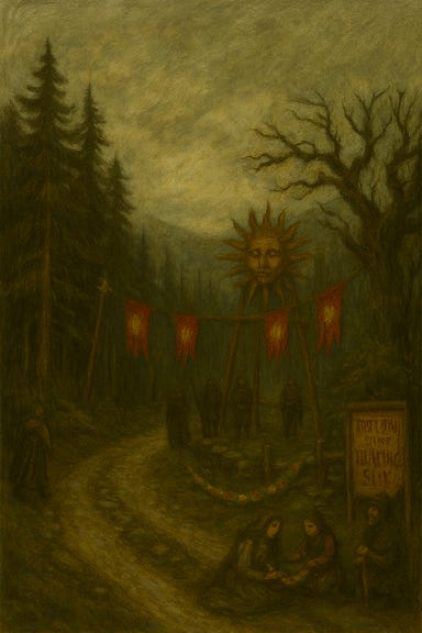 The Old Svalich Road stretches from Vallaki toward Lake Baratok, winding through dense pine forest under a pale, overcast sky. The road is narrow and uneven, flanked by moss-covered stones and leaning trees whose branches seem to reach inward. Mist clings low to the ground, and the air feels damp and heavy. Occasional broken signposts and patches of old ash mark the path, hinting at past travelers and forgotten warnings. The atmosphere is eerie, quiet, and filled with foreboding.