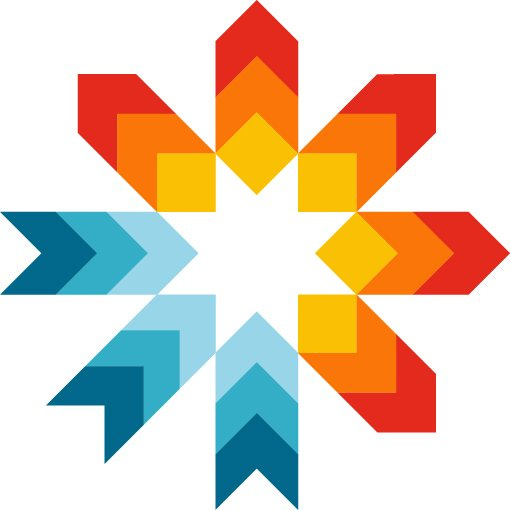 Abstract geometric logo with arrows forming a circular shape in blue, orange, yellow, and red.