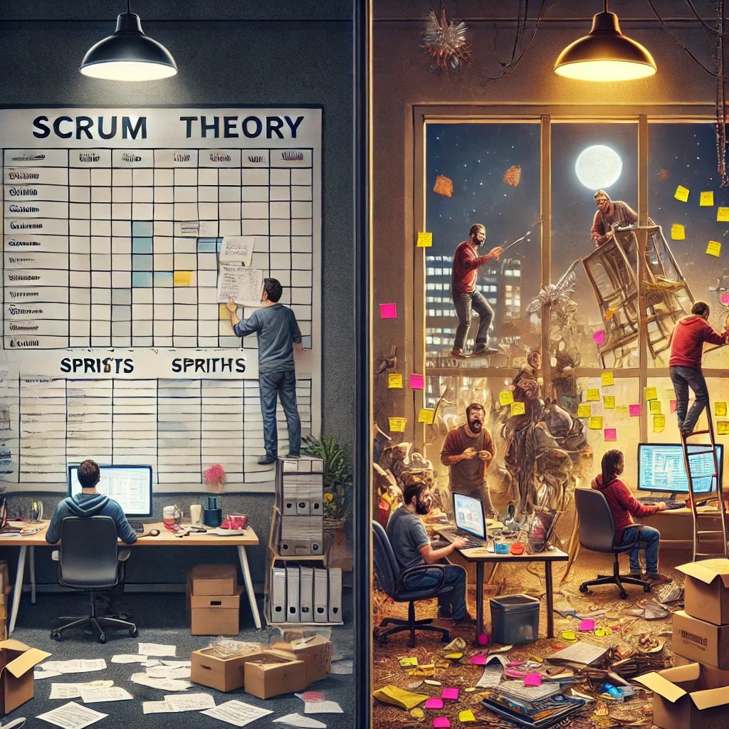 A split-screen image showing two contrasting worlds. On the left side, a structured, calm environment where Scrum is followed 'by the book' with a task board showing sprints, daily stand-ups in progress, and team members working methodically. On the right side, a chaotic startup office where everything is out of order: people are scrambling, sticky notes are scattered, team members are having heated discussions, and the sense of urgency and chaos is palpable. The contrast between the orderly world of Scrum theory and the unpredictable, fast-paced reality of startups is evident.