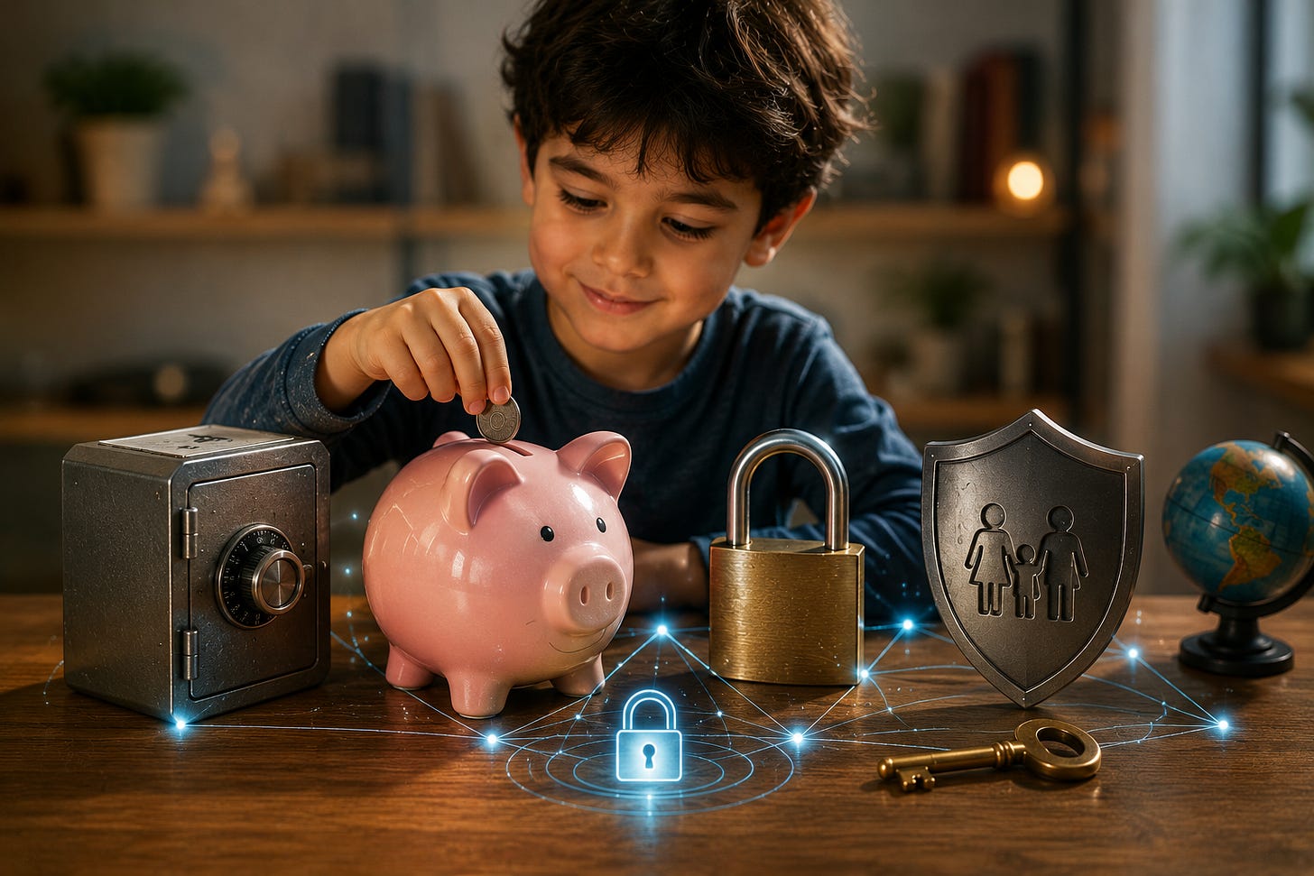 Child securing a piggy bank with locks, keys, and shields symbolizing data protection. Child securing a piggy bank with locks, keys, and shields symbolizing data protection.